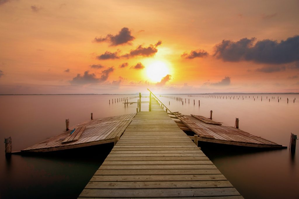 jetty, sunset, clouds